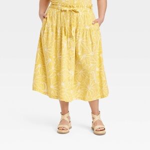 Universal Thread Tie Waist Button Front Yellow Floral Women's Midi Skirt XXL